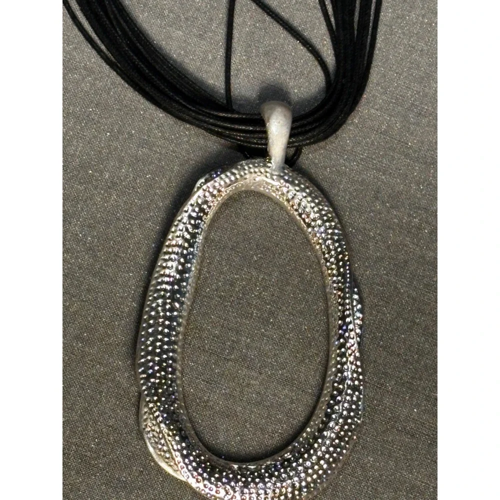 Sweet Lola Silver Tone Textured Large Oval Pendant Black Cord Necklace statement